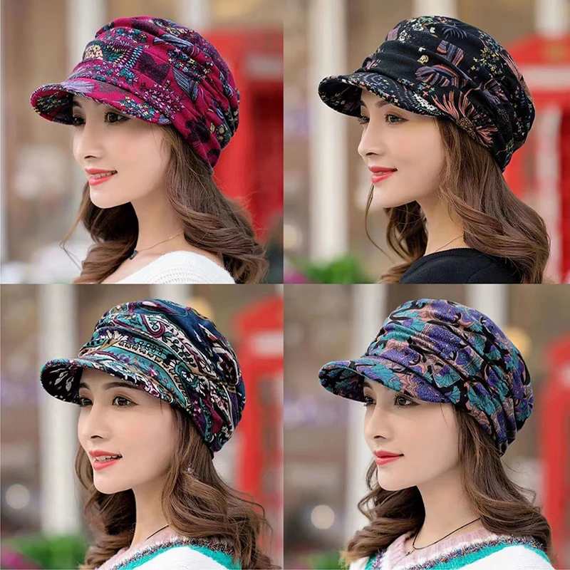 

Women Winter Floral Printed Wide-Brimmed Cap Turban Visor Hat Windproof Cap Pleated Cancer Hat Warm Keep Warm Fashion