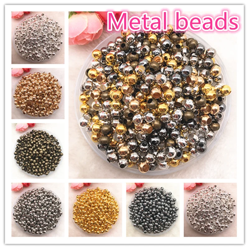Perles métalliques lisses, 3mm-8mm, pour fabrication de bijoux, accessoires faits à la main
