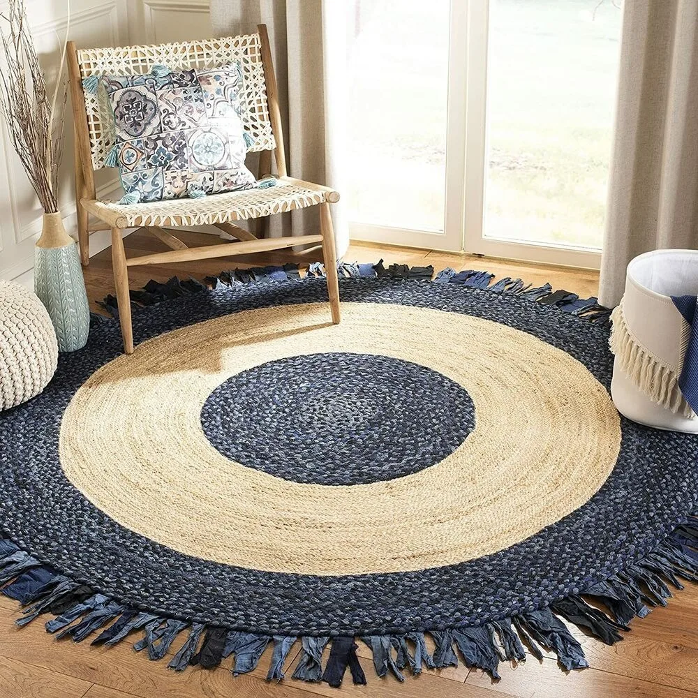 

Round Rug Natural Jute & Cotton Tassels Braided Carpet for Living Room Modern Hallway Floor Mat Bedroom Area Rug Home Decor