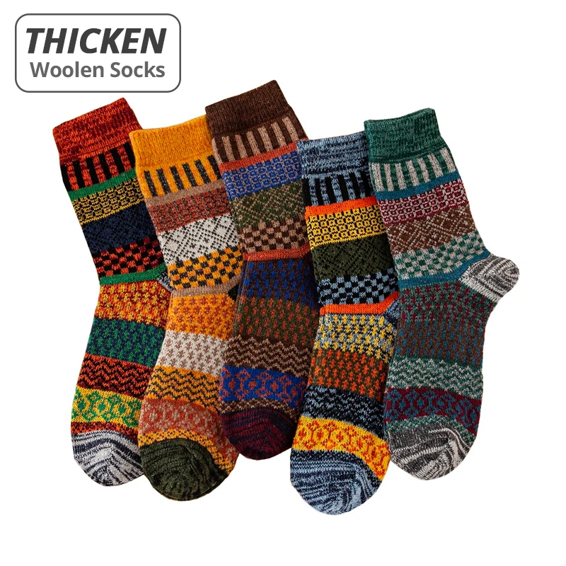 Mens Winter Wool Socks - Warm Colorful Retro Style for Snow Boots EU Size 38-44