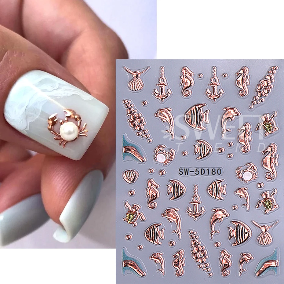 5D Summer Beach Nail Sticker Shell Ocean Starfish Fish Nail Design Self-adhesive Decal Nail Art Supplies DIY Manicure Decoration
