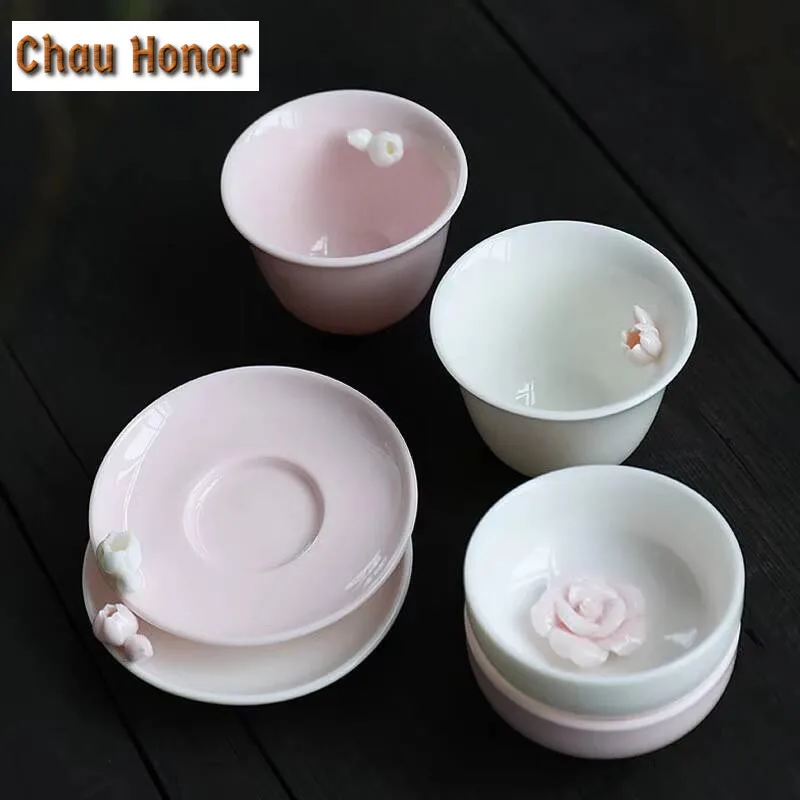 2pc/lot Boutique Pink Mutton Fat Jade Inch Flowers Teacup Tea Bowl Water Jug Tea-tasting Smelling Cup Chazhan Master Cups Cafes