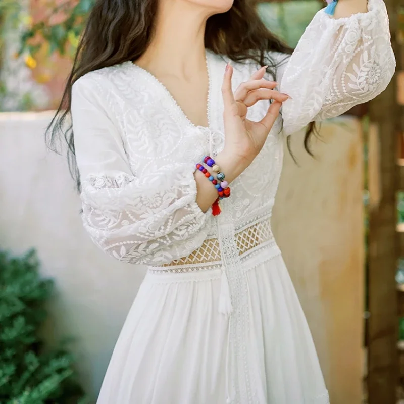 Bohemian White Beach Dress Women Elegant Party Dresses Spring Auutm V-neck Sexy Hollow Out High Waist Long Robe Vestidos