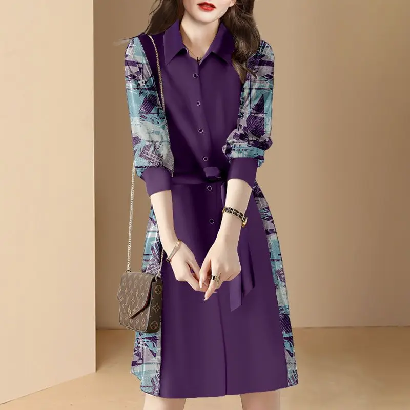 

Design Patchwork Print A-line Dress Spring Summer 2023 Long Sleeve Turn Down Collar Dress Korean Style Elegant Fashion Clothing