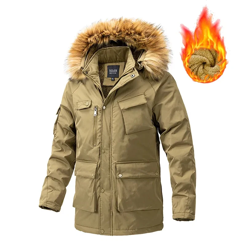 Winter Men Fleece Hooded Fur Collar Casual Jackets Coat Man Detachable Hat Multi Pocket Parkas Male Overcoat Outwear Windbreaker
