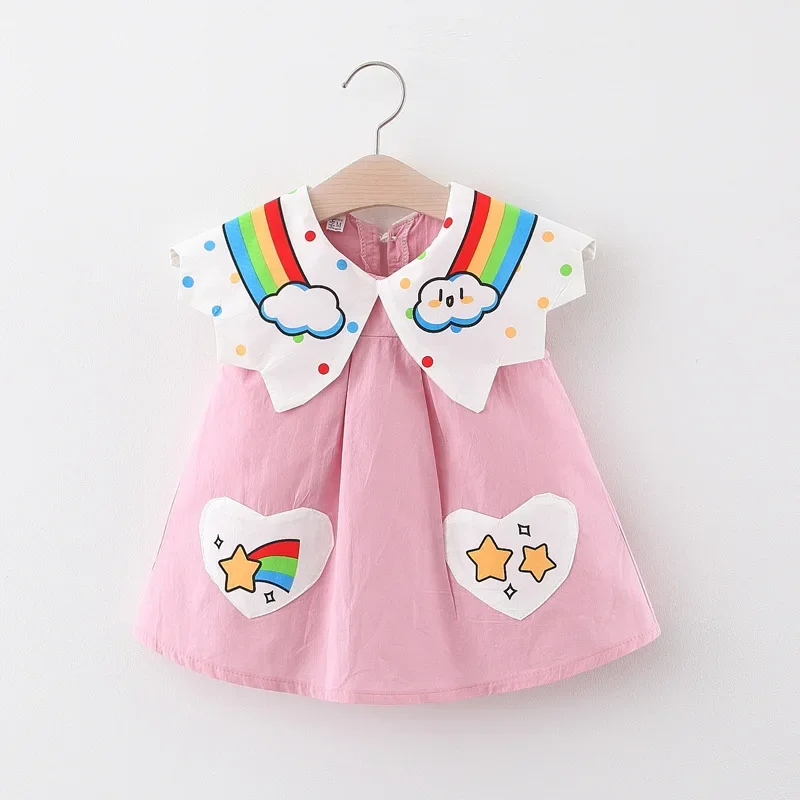 New Children’s Clothing Summer Girls Rainbow Cloud Big Flip Collar Contrast Sleeveless Dress Korean Cartoon Dress New Children’s Clothing Summer Girls Rainbow Cloud Big Flip Collar Contrast Sleeveless Dress Korean Cartoon Dress