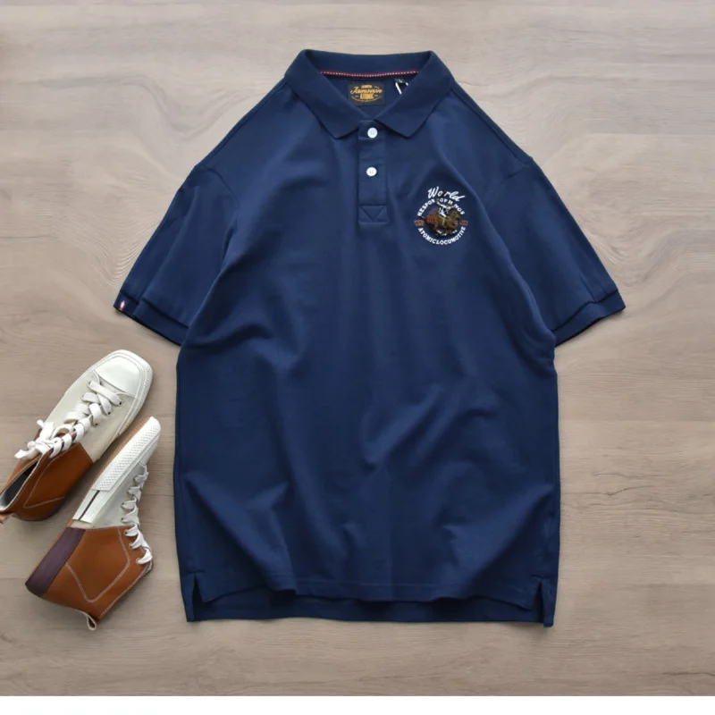 

cotton Pearl ground mesh pure polo shirt men's short sleeved T-shirt Japanese Vintage casual polo shirt