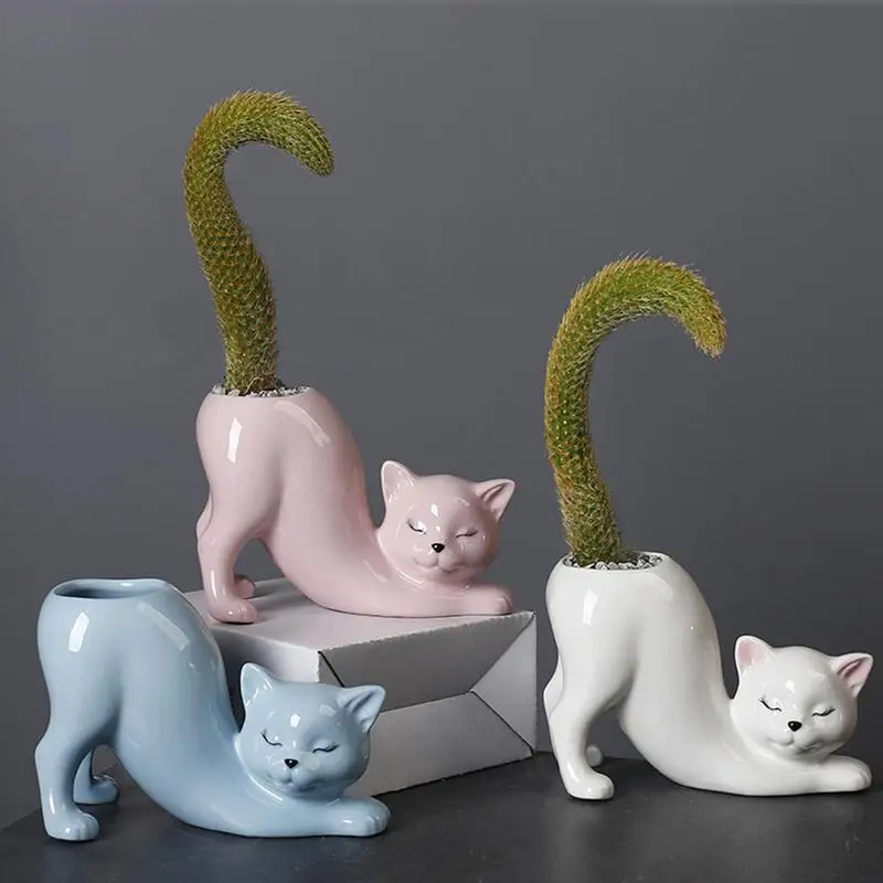 

Cat Planter Vase Holder Creative Cute Cat Ceramic Flower Pot Cartoon Animal Meat Cactus Vase Flower Pots for Indoor Flowers