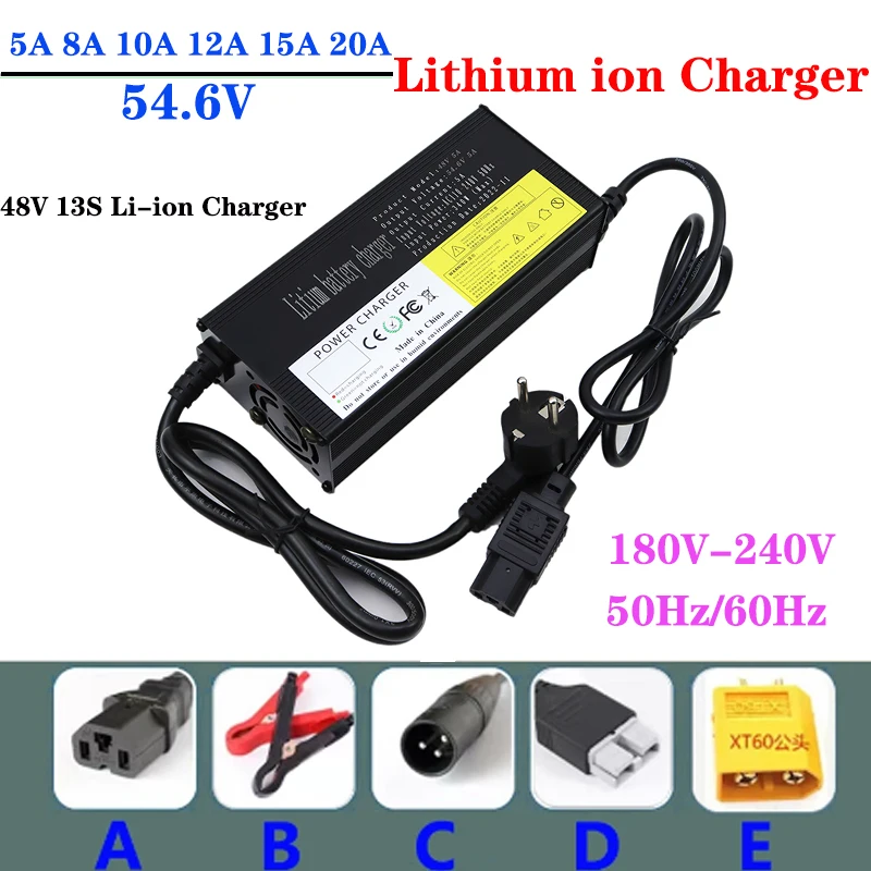 

NEW 48V 5A 8A 10A 12A 15A 20A Lithium ion Charger 13S 54.6V Constant Voltage High-power Intelligent Fast charging Metal Shell