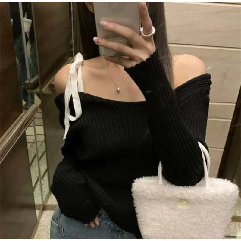 S52300b1780184e71bc399e7934520203N Fashion Knitted Pullover Women Street Vintage Lace-up Long Sleeve Female Sweater Spring All-match Slim Solid Lady Knitwear Mallzona