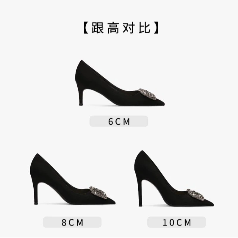 Designer Women 7cm 9.5cm Takron High Heels Silk Pump Office Women Nailed Toe Flash Crystal Buckle Black High Heels 5