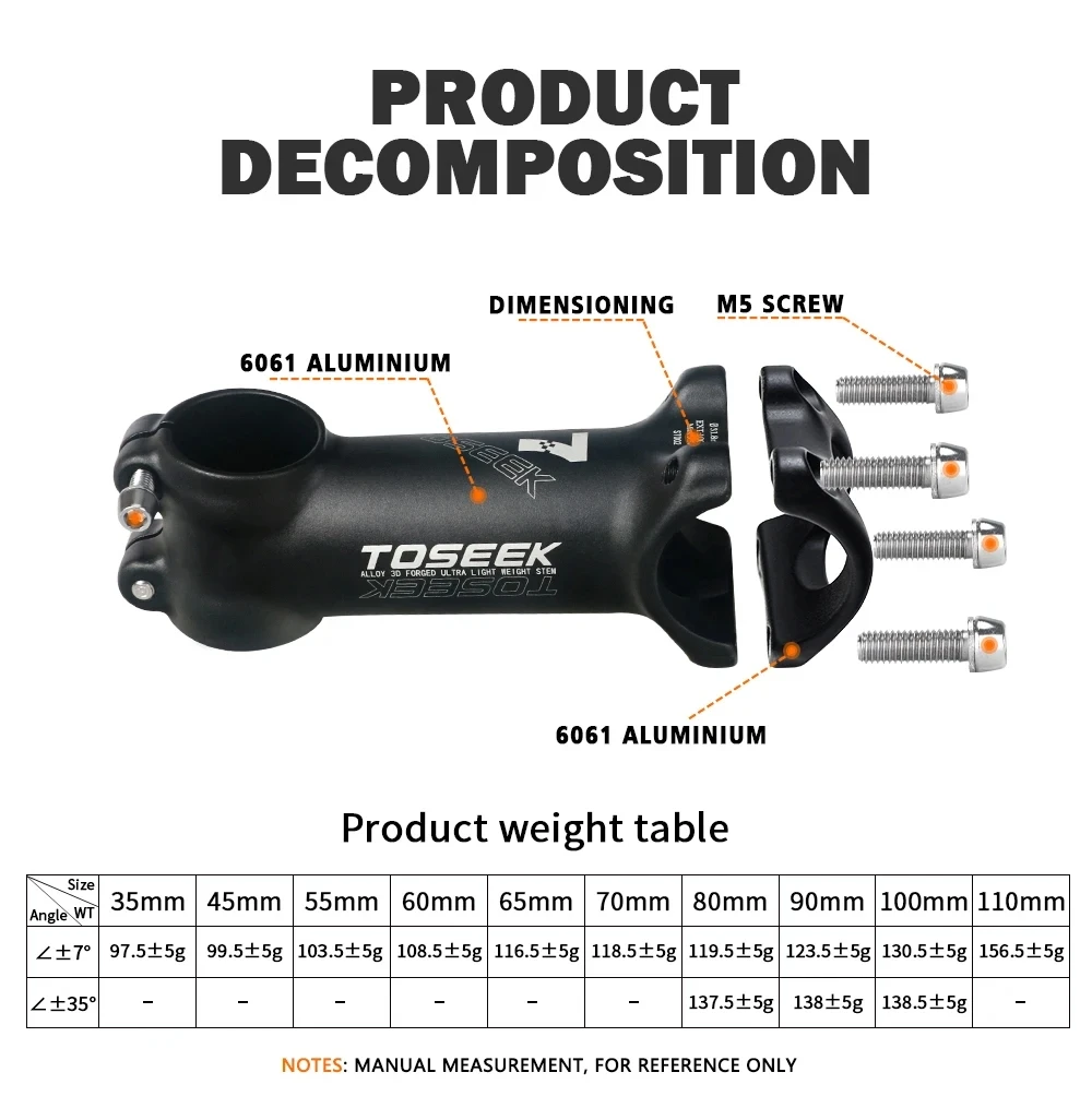 Description Picture 5 of itemTOSEEK ST002 Bicycle Stem 31.8mm Handlebar Bike Stem Mountain Road Short Stem 35/45/55/60/65/70/80/90/100/110mm
