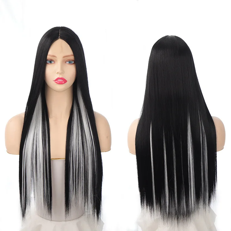 Hand-woven forehead lace synthetic long straight wig women's wig 5*0.5cm white 28-inch heat-resistant fiber headgear