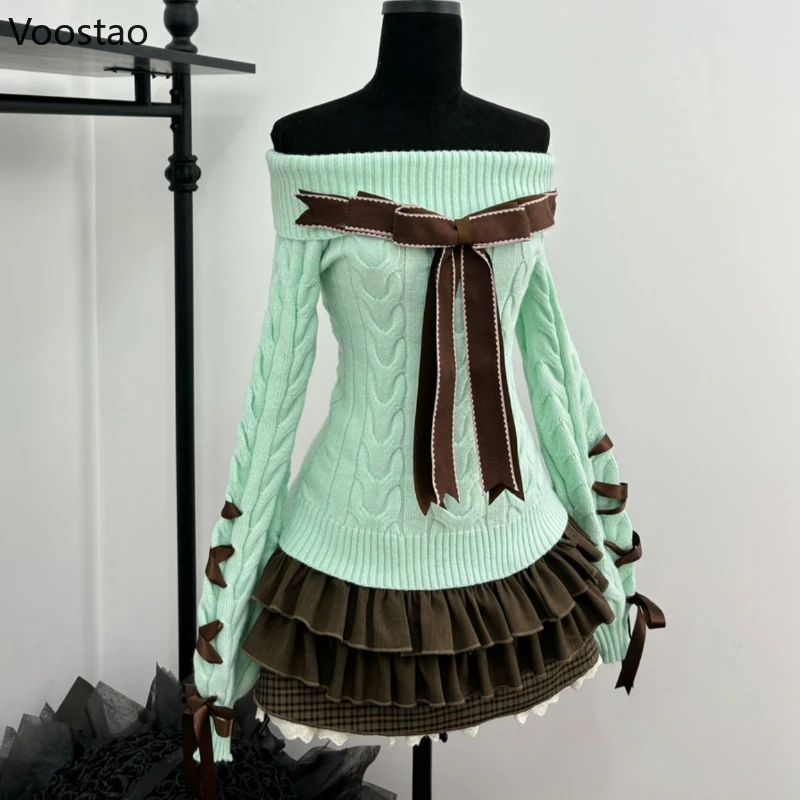 รูปสินค้า ชุดเสื้อผ้าสไตล์หวาน Kawaii Lolita 2 ชิ้น คอถัก กระโปรง Mini Cake