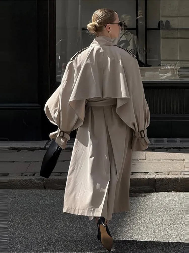 Trench lungo da donna elegante con cintura risvolto ampio doppio petto cappotti a maniche lunghe 2025 Autunno Lady Chic Commute Outwear 3