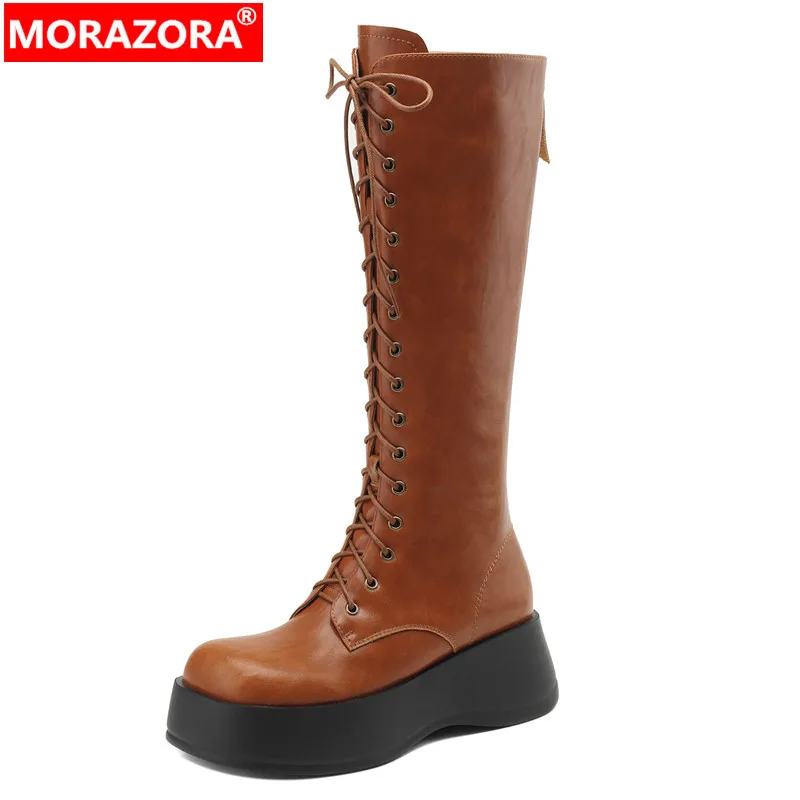 

MORAZORA 2023 New Ladies Narrow Band Knee High Boots Square High Heels Platform Shoes Genuine Leather Zipper Winter Boots