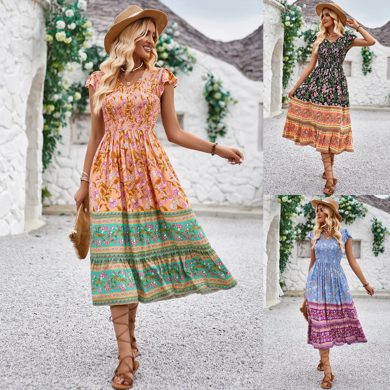 

Summer 2024 Casual Dress New Print V-Neck Fly Sleeve Bohemian Dress Vestidos De Noche Juveniles Woman Clothing