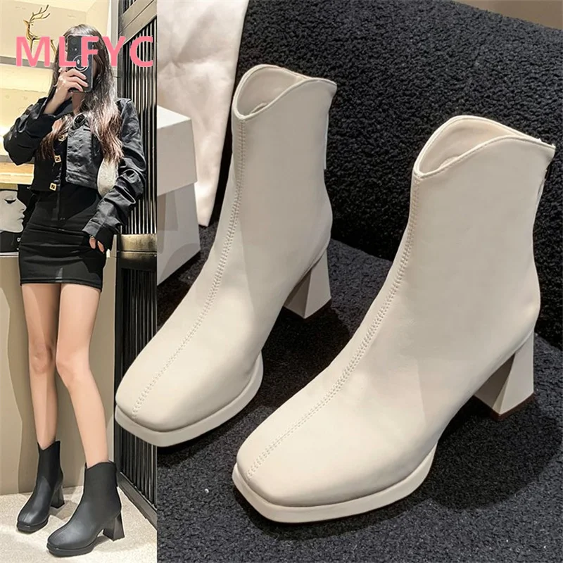 Autumn Winter New Versatile Short Boots Women Waterproof Platform High Heels ladies Thick Heels Back Zipper Style Fashion Boots