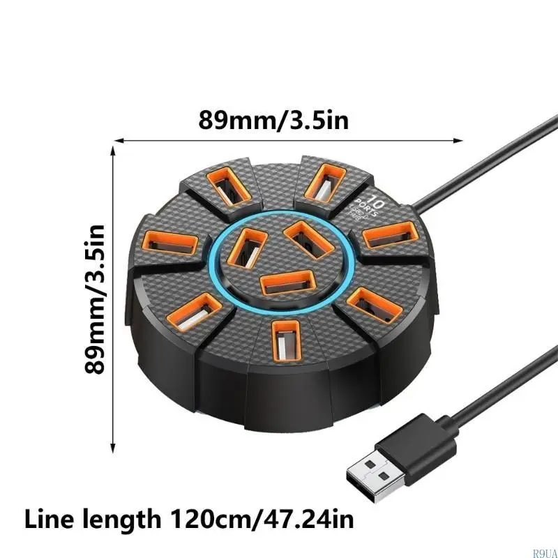 R9UA USB Docking Station Expansion Dock 10 Port USB Hub with Light 120cm Cable Extension Data Transfer Expander