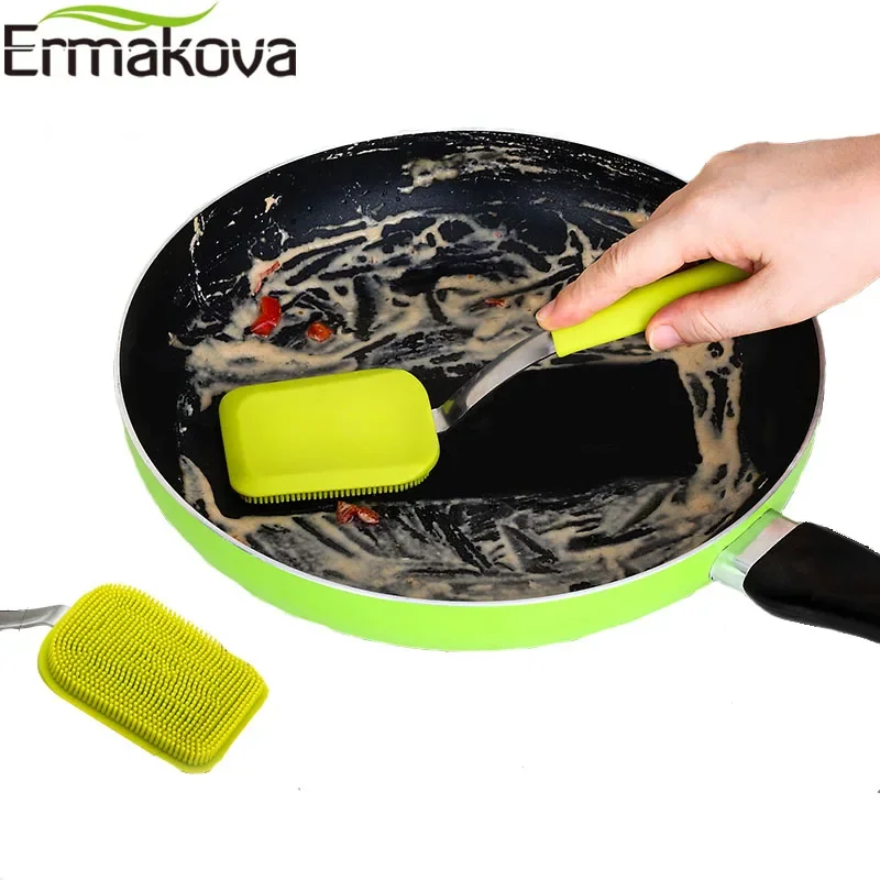 ERMAKOVA Silicone Kitchen Dish Pot Brush Antibacterial Scrub Scrubber Cleaning Sponge with Handle for Dishwashing Gadget Tool