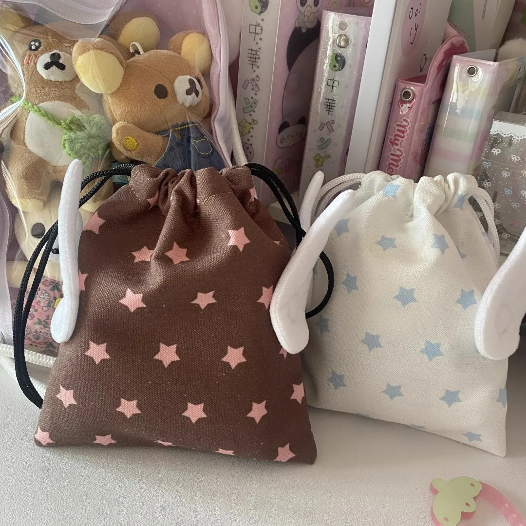 Portable Fashion Bundle Pocket Star Pattern Rope Drawstring Design Cosmetics Bag Canvas Dustproof Storage Bag with Plush Wing