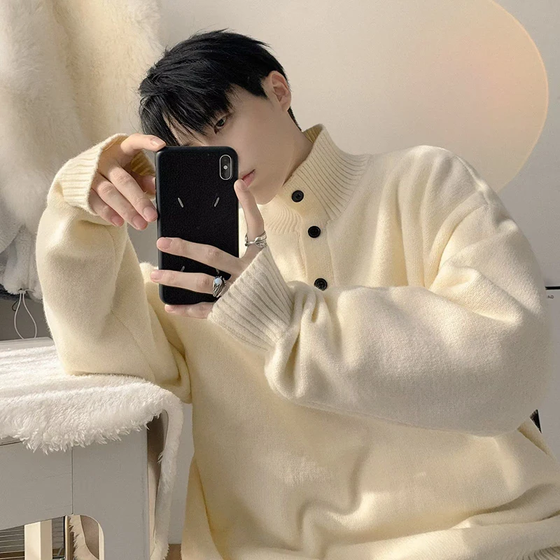 Unisex Knit Autumn Winter Button Turtleneck 2024 New Casual Long Sleeve Men Tops Fashion Oversized Trend Men Japanese Streetwear