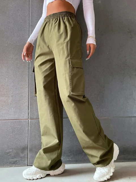 Y2K Solid Ripped Baggy Pants Fashion Women Pocket Elastic Waist Retro Straight Sweatpant Casual Streetwear Cargo New Trousers 5