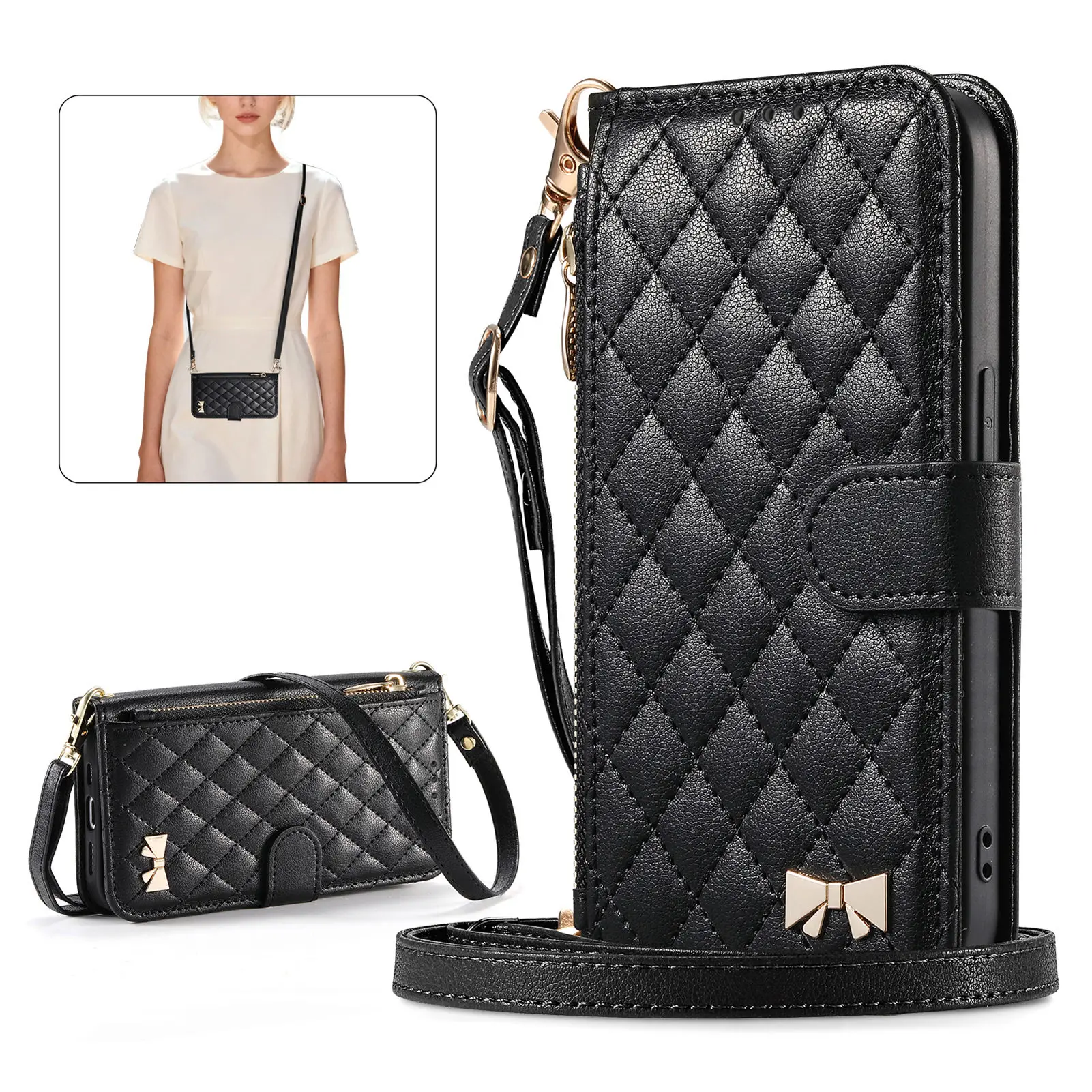 PU Leather Crossbody Flip Wallet Phone Case with Wrist Strap Cover