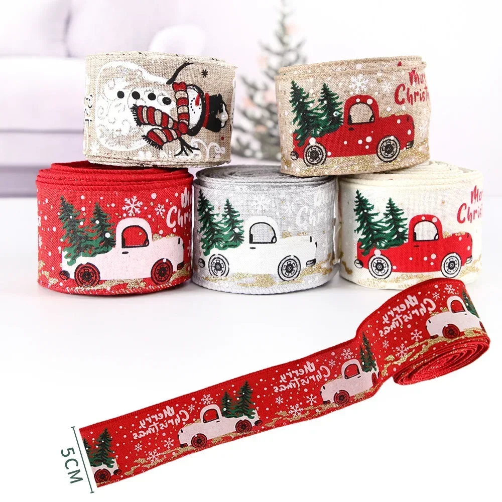 Christmas Wired Ribbons 2m Buffalo Plaid Ribbons Vintage Truck Trees Wired Edge Ribbon for Xmas DIY Wrapping Floral Craft