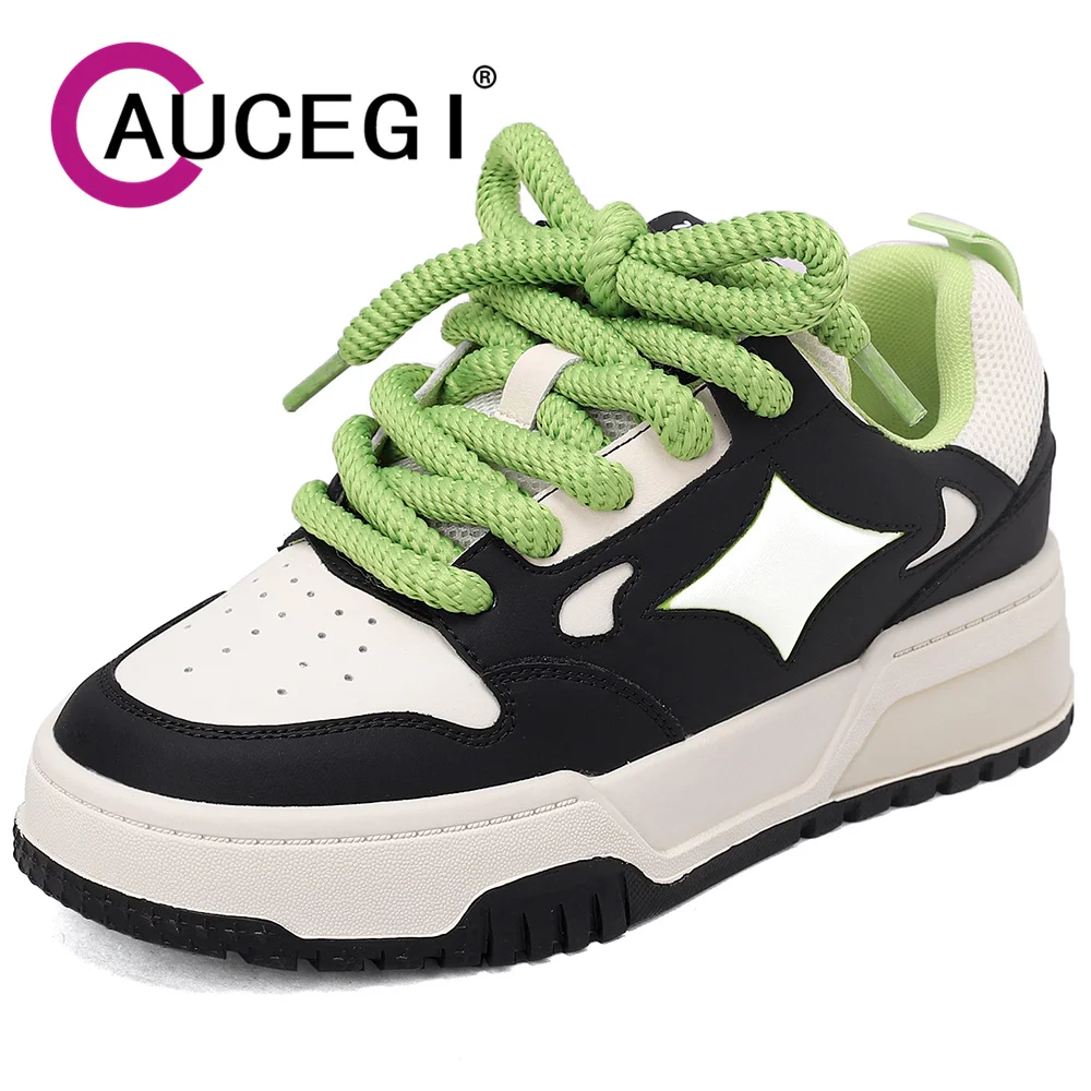 

Aucegi Novelty Thick Heels Split Leather Sneakers Patchwork Mixed Color Breathable Round Toe Lace-Up Skateboard Shoes Green