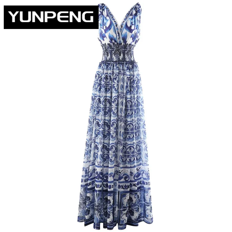 

Summer Runway Vacation Long Dress Women V Neck Elastic waist Blue and White Porcelain Print Maxi Dresses For Women 2023 Luxury