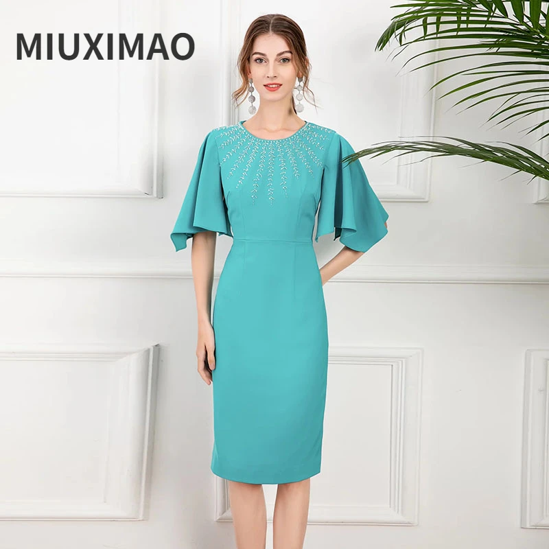 

MIUXIMAO 2022 High Quality Spring/ Summer Elegant Dress O-Neck Short Sleeve Diamonds Fashion Office Style Dress Women Vestide