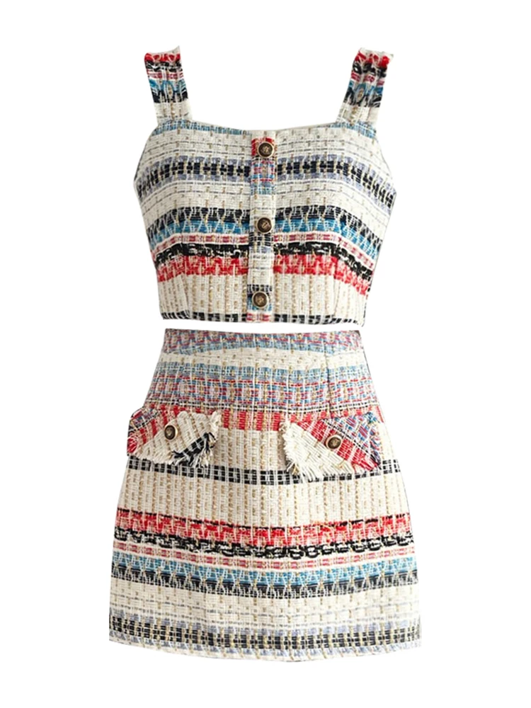 

2023 Summer Women Vintage Boho Style Striped Party Outfits 2 Piece Set Halter Crop Tops + High Waist A-line Mini Skirts Elegant