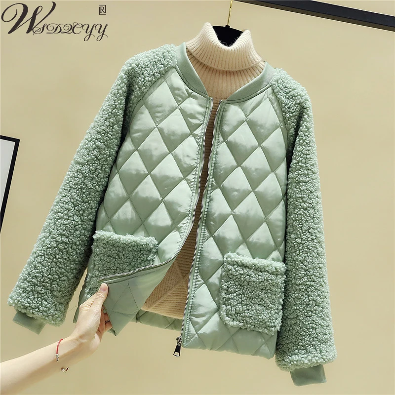 Women Casual Lambwool Winter Jacket Korean Fashion Round Neck Short Parkas Warm Vintage Long Sleeve Cotton Padded Bomber Coat