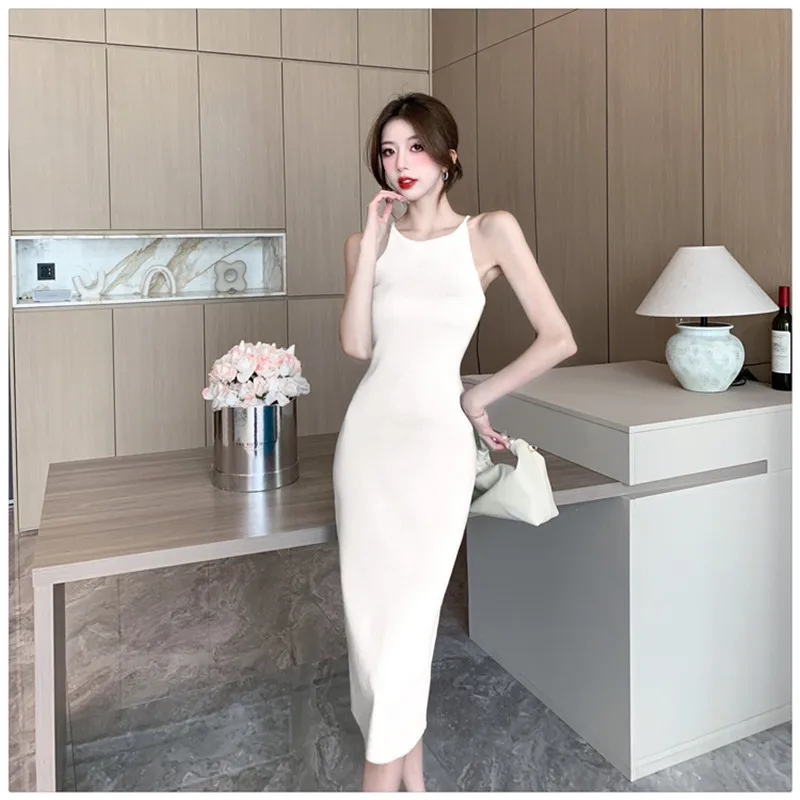 

Summer Knit Sexy Strap Dress Women Solid Color Elatic Waist Bodycon Sundress Female Beach Elegant Backless Long Dress Robe P953