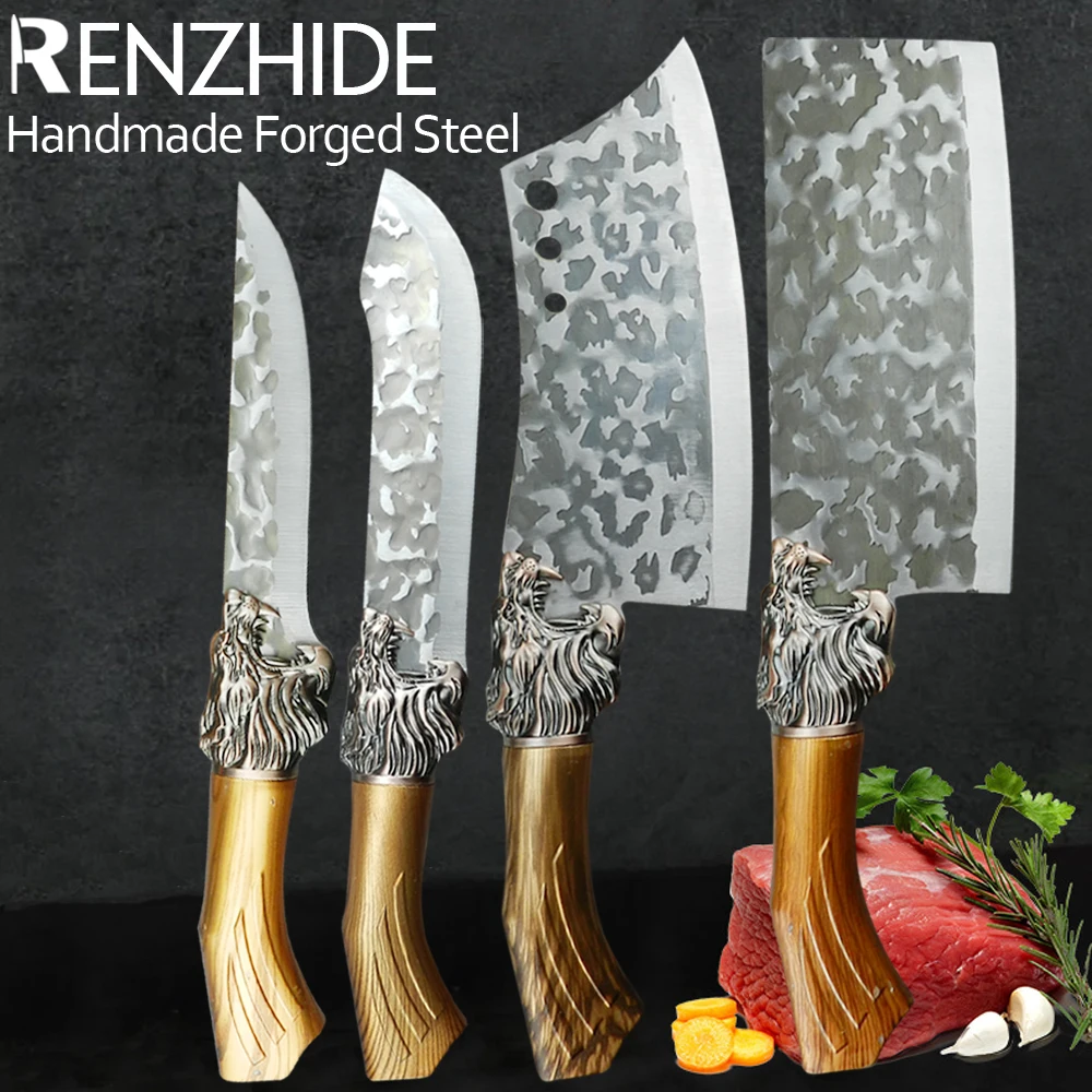 RZD 1-4PCS Handmade Forged Steel Knifes Set Kitchen Meat Cleaver