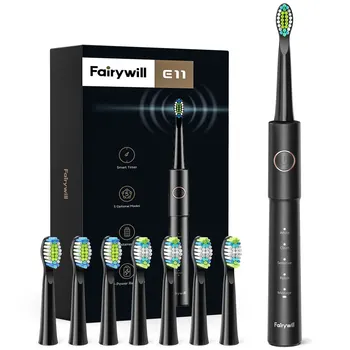 Fairywill 성인용 소닉 전동 칫솔, E11 방수, USB 충전, 충전식 전동 칫솔, 8 브러시 교체 헤드