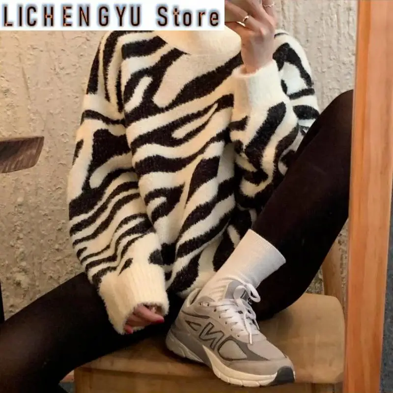 

New Woman Pullover Striped Spring Autumn Zebra Print Oversized Sweater Women Autumn Winter Loose Knitted Lazy Oaf Knitted Top