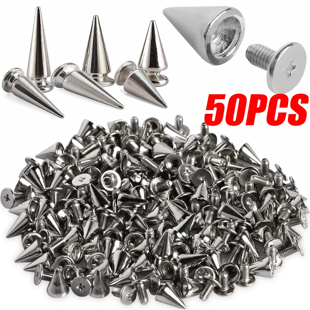 Description Picture 2 of item10-50pcs Punk Rivets Metal Cone Studs And Spikes Silver Warhead DIY Punk Garment Crafts Tools Clothes Shoes Leather Accessories
