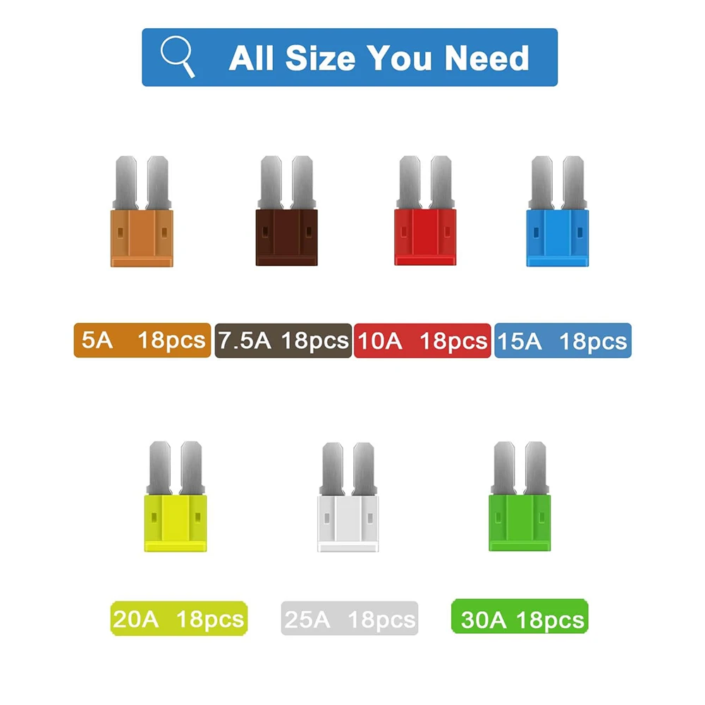 Micro Mini Car Blade Fuses, Car Fuses Assorted Auto Car Replacement Kit 2A 3A 5A 7.5A 10A 15A 20A 25A 30A 35A 40A With 1 Storage Case And 1 Fuse Clip