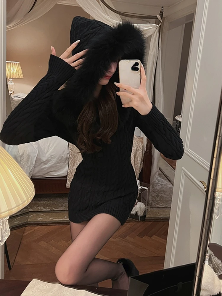 Snowy White Fur Trim Mini Dress Winter Streetwear Bodycon Long Sleeve  Hooded