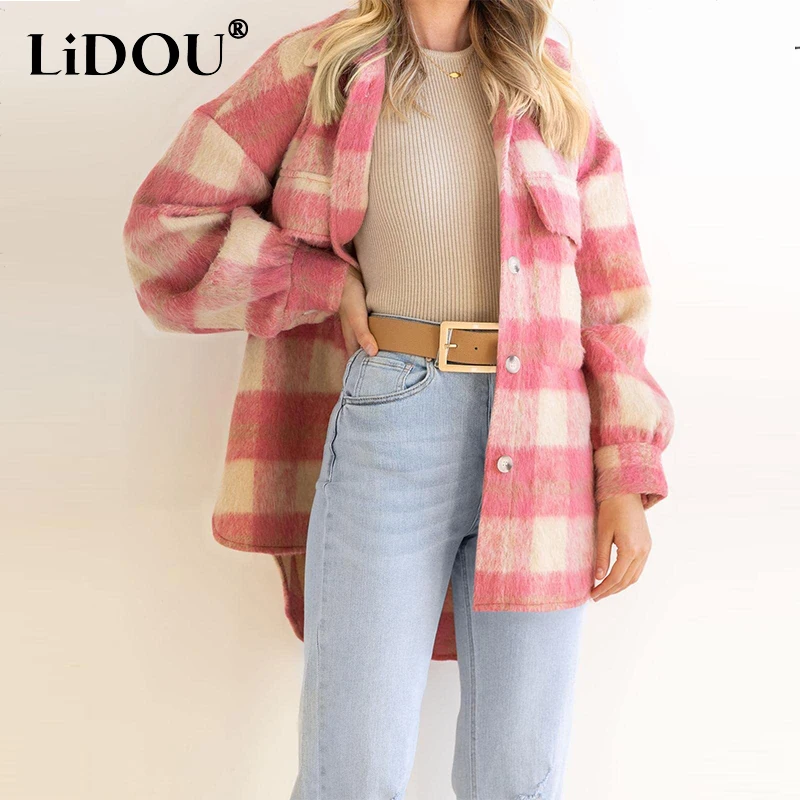 Autumn Winter Vintage Plaid Printed Casual Coat Ladies Thick Loose All-match Outwear Women's Streetwear Buttons Cardigans Top