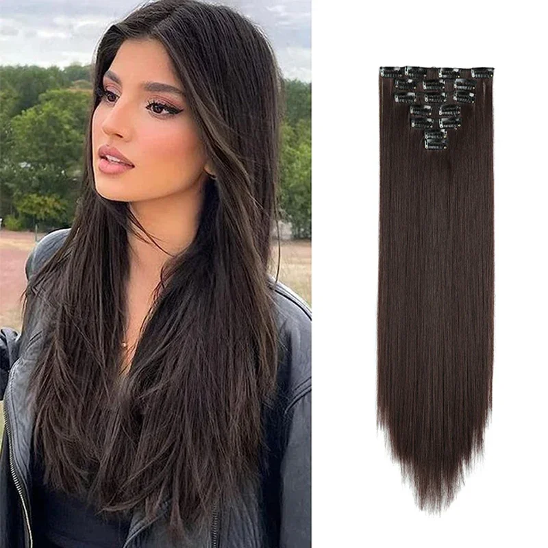 

16 Clips 22inch Long Straight Clip in Hair Extensions 7pcs/set Synthetic Naturly Wavy Clip Fake Thick Hair Pieces for Women