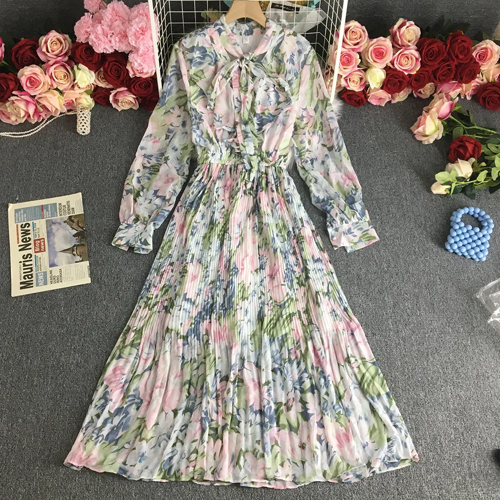 

Europe and the United States high waist pullover dress bow V-neck loose and thin pleated skirt swing fairy skirt print