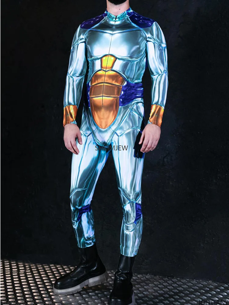 AA1 Adult Halloween Robot Cosplay Bodysuit Mens Blue Art Print Jumpsuits Festival Masquerade Bodysuit Unique Carnival Costume