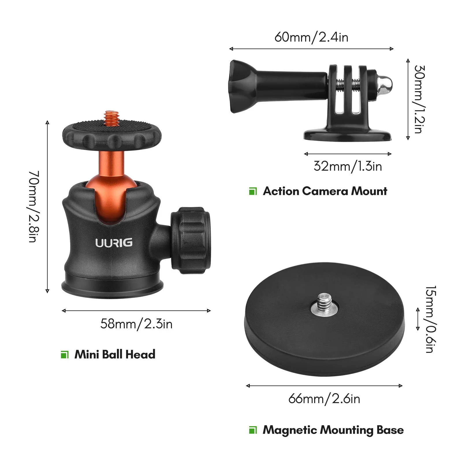 Tripod Ball Head UURIG BH-07 Mini 1/4" Magnetic Base For DJI/GoPro Hero 12/11/9/Insta360 Action Sports Camera