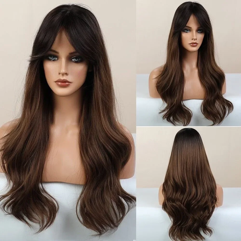

Long Ombre Dark Brown Wavy Wigs Heat Resistant Fiber Women Synthetic Hair wig