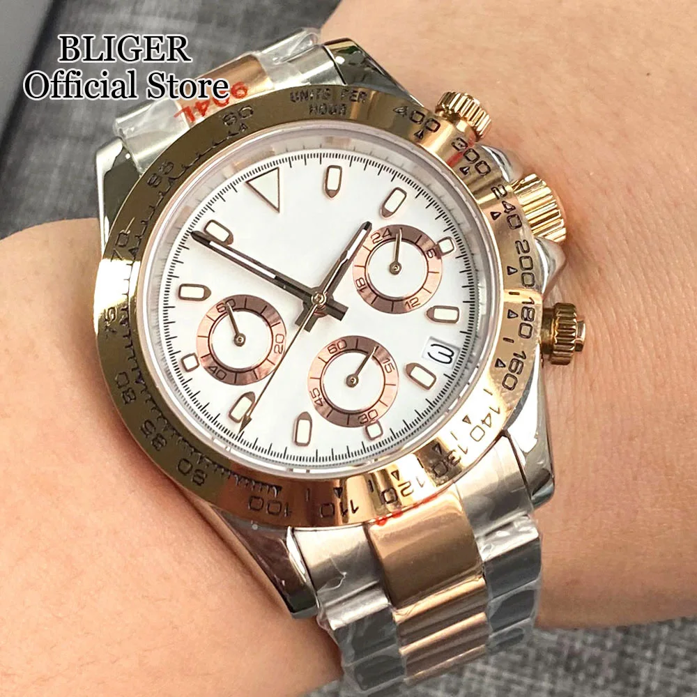 

BLIGER Luxury Fashion Two Tone Rose Gold 39mm Quartz Chronograph Men Watch VK63 Movement Sapphire Crystal White Dial Reloj