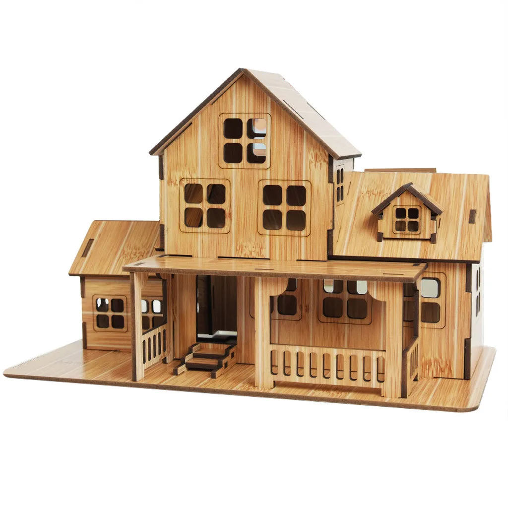 3D Wooden Puzzle Jigsaw Architecture DIY House Villa Kids Boy Girl Educational House Paper Puzzle for Children Birthday Present 5