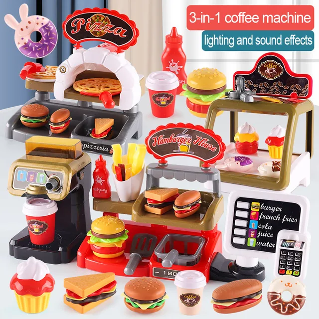 Casa de juegos para niños, juego de cocina, comida rápida, restaurante, hamburguesa, patatas fritas, postre, máquina de café, cajero, Mini juego de rol educativo, Juguetes
